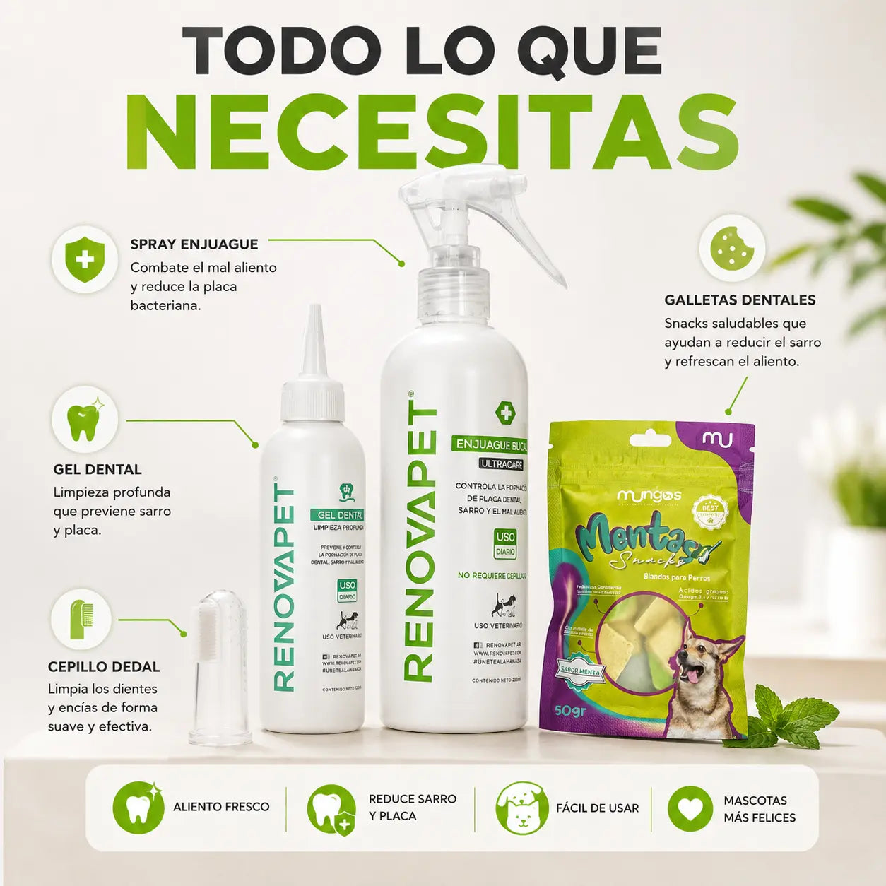 Kit Dental Perros Y Gatos Elimina Sarro Mal Aliento Renovapet + Snacks