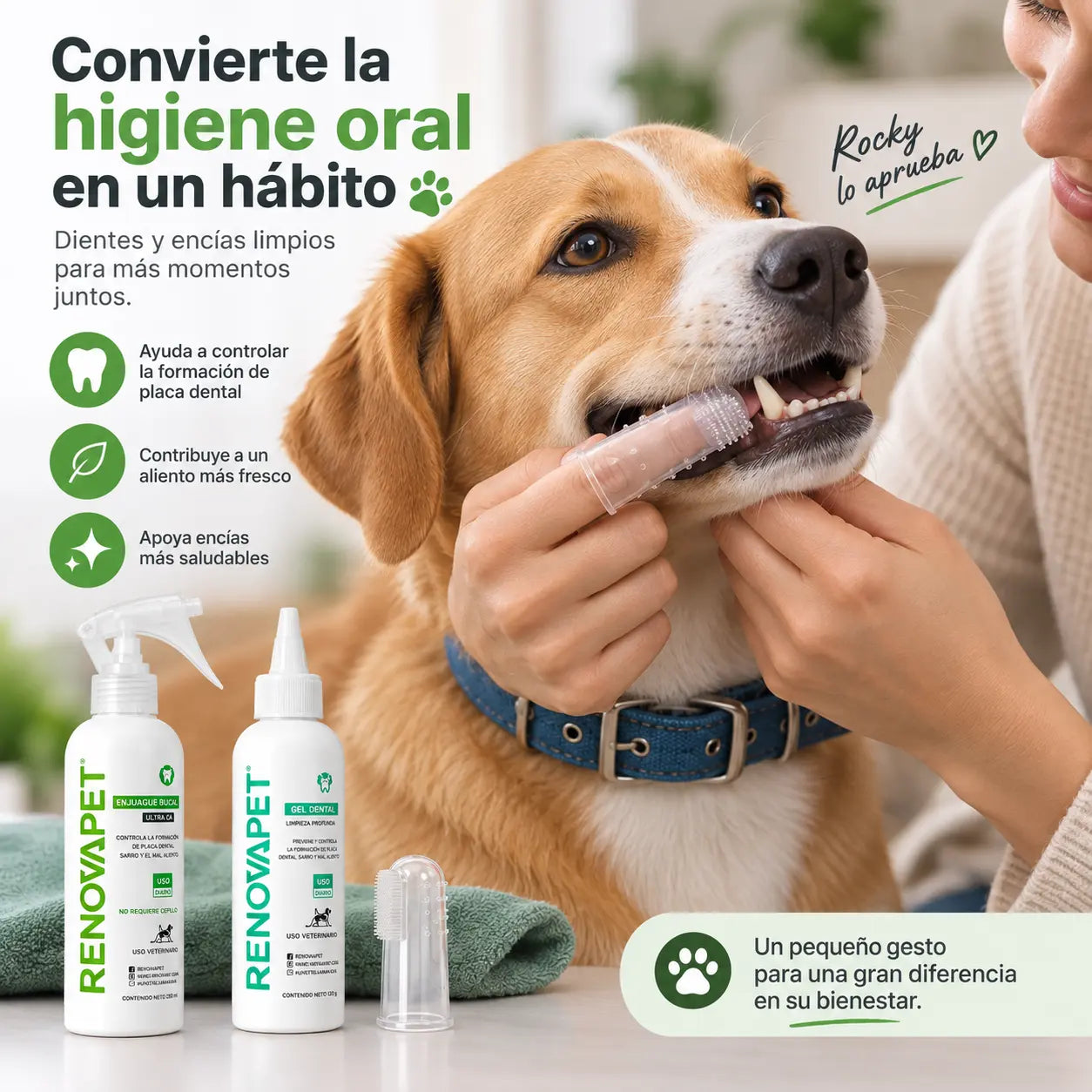 Higiene oral para perros con RENOVAPET Enjuague Bucal y Gel Dental con cepillo de dedo