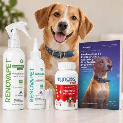 Kit dental para perros RENOVAPET con enjuague bucal, gel dental con cepillo, MUNGOS Multi-Vit y libro de odontología preventiva